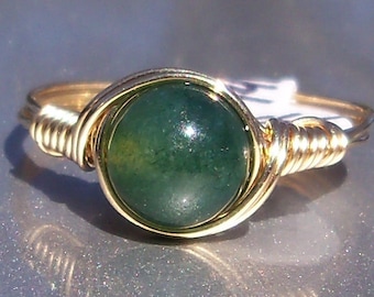 Green Moss Agate 14k Yellow Gold Filled Wire Wrapped Ring