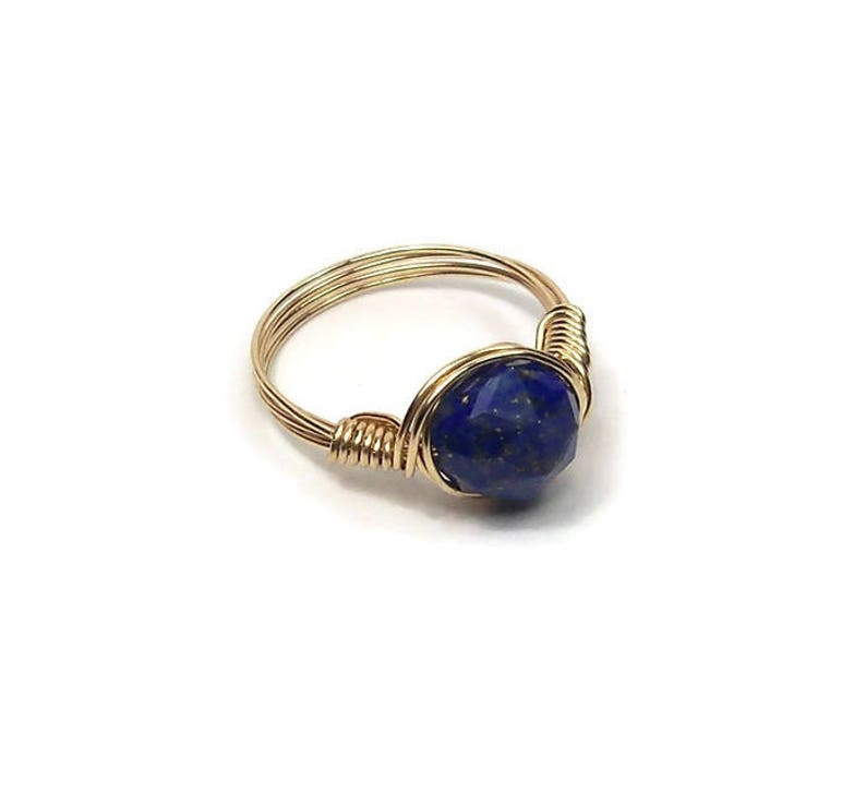 Lg Blue Lapis Lazuli Star Facet 14k Yellow Gold Wire Wrapped Ring Custom Sized image 2