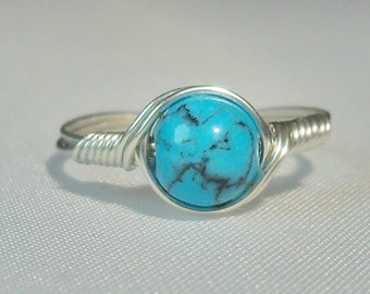 Blue Howlite .999 Fine Silver Wire Wrapped Ring Custom Sized