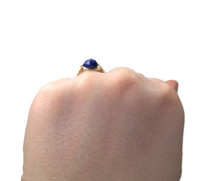 Lg Blue Lapis Lazuli Star Facet 14k Yellow Gold Wire Wrapped Ring Custom Sized image 8