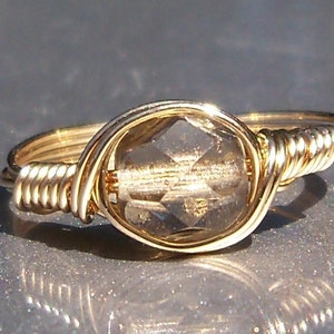 Smoke Czech Glass 14k Yellow Gold Filled Wire Wrapped Ring Custom Sized image 1