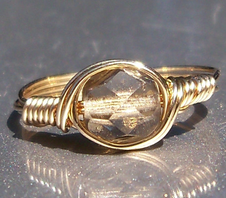 Smoke Czech Glass 14k Yellow Gold Filled Wire Wrapped Ring Custom Sized image 1