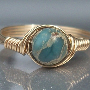 Blue Aqua Terra Jasper 14k Gold Filled Custom Sized Wire Wrapped Ring