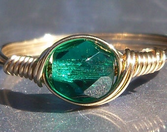 Teal Czech Glass 14k Yellow Gold Filled Wire Wrapped Ring