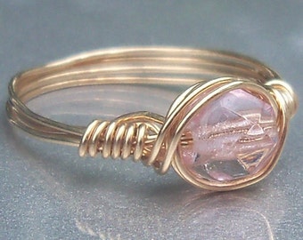 Wire Wrapped Ring Peachy Pink Czech Glass 14k Yellow Gold Filled