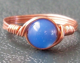 Blue Agate Custom Sized Copper Wire Wrapped Ring