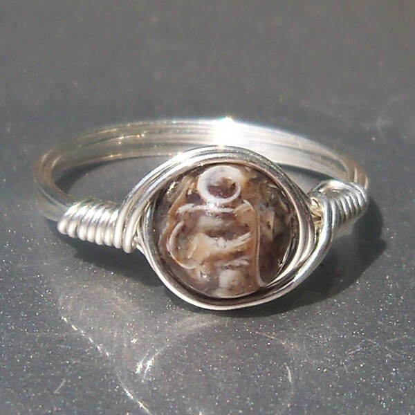 Turritella Fossil Agate Wire Wrapped Gemstone Ring