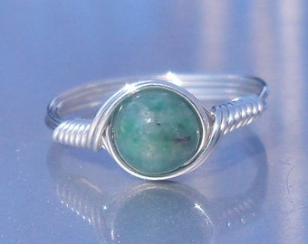 African Jade .999 Fine Silver Wire Wrapped Stone Ring