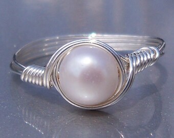 White Pearl .999 Fine Silver Wire Wrapped Ring