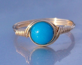 Blue Quartz Ring, 14k Yellow Gold Fill Ring, Wire Wrapped Stone Ring, Custom Sized Ring