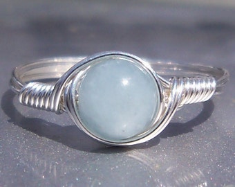 Blue Aquamarine .999 Fine Silver Wire Wrapped Gemstone Ring March Birthstone