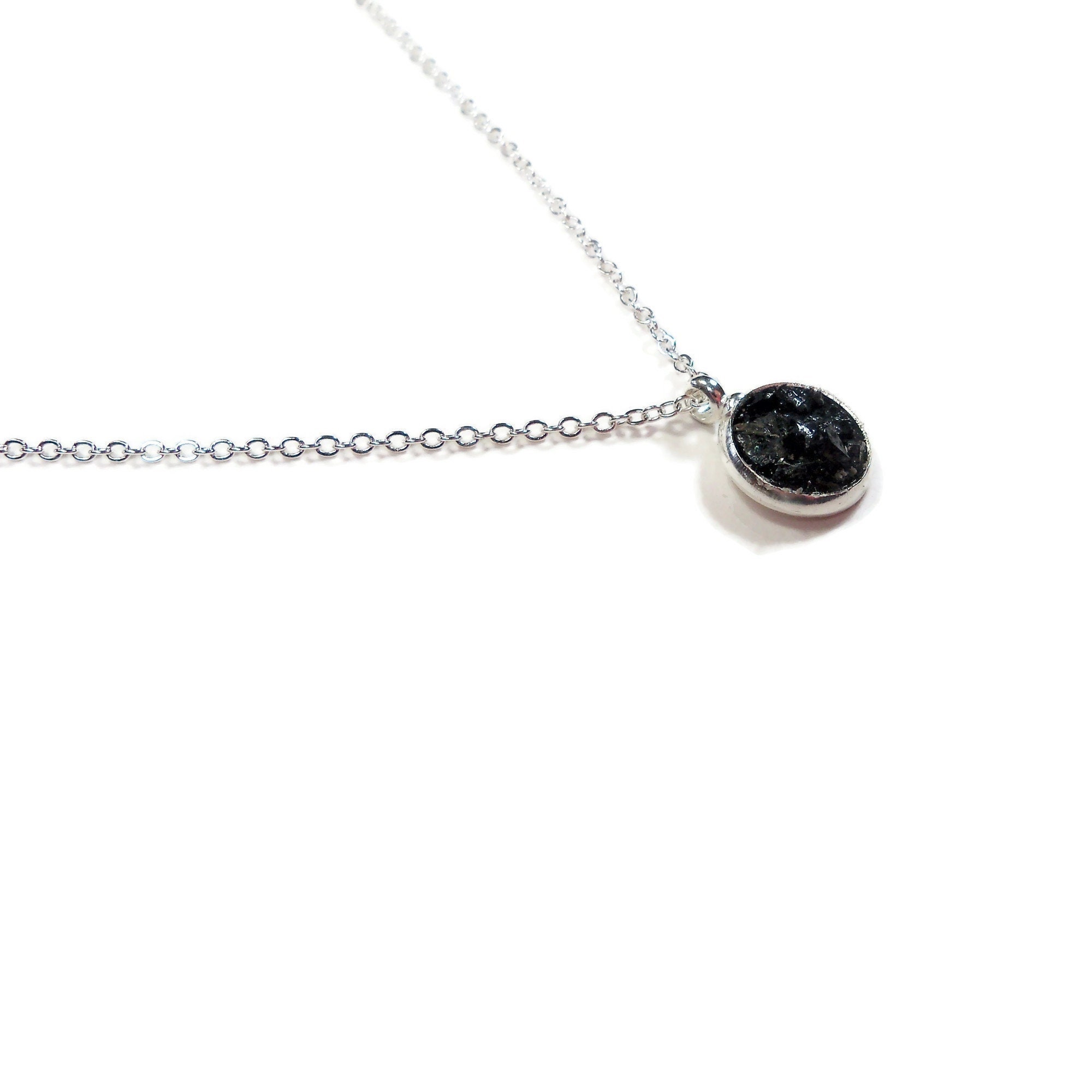 Black Tourmaline Silver Plated 18" Crushed Stone Round Necklace