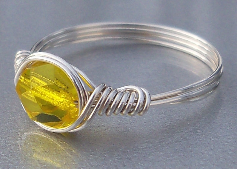 Wire Wrapped Ring Electric Yellow Czech Glass .999 Fine Silver Lemon Zest image 3