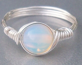 White Opalite .999 Fine Silver Wire Wrapped Ring