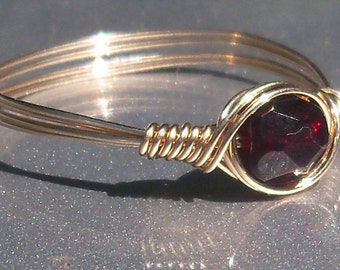 Red Onyx Czech Glass 14k Gold Filled Wire Wrapped Custom Sized Ring