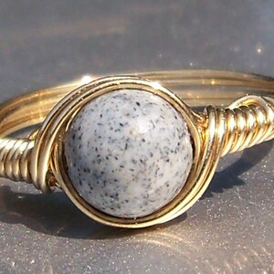 Black Spotted Feldspar 14k Yellow Gold Filled Custom Sized Wire Wrapped Ring