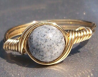 Black Spotted Feldspar 14k Yellow Gold Filled Custom Sized Wire Wrapped Ring