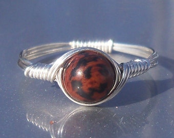 Mahogany Obsidian Fine Silver .999 Wire Wrapped Ring