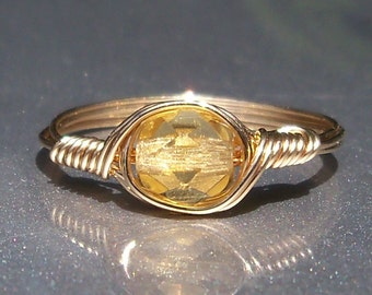 Golden Yellow Czech Glass .999 Fine Silver or 14k Gold Filled Wire Wrapped Ring