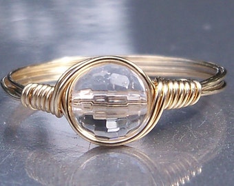 A Grade Crystal Quartz 14k Yellow Gold Filled Wire Wrapped Stone Ring