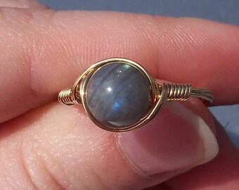 LG Labradorite 14k Yellow Gold Fill Wire Wrapped Stone Ring