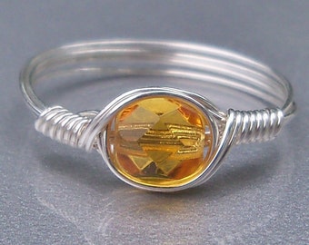 Honey Czech Glass .999 Fine Silver Wire Wrapped Ring