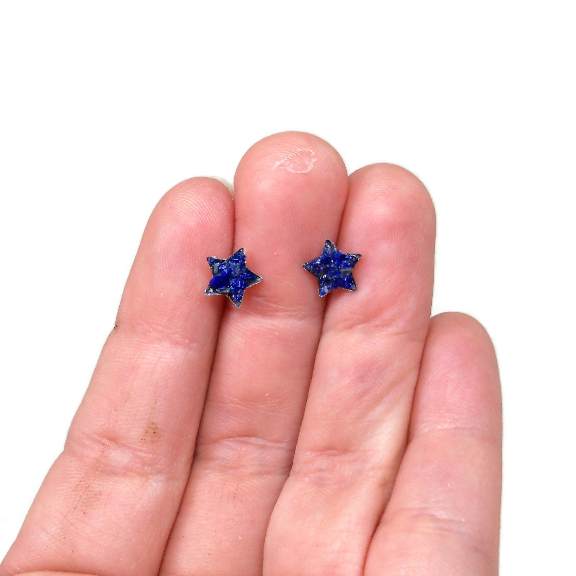Blue Lapis Lazuli Star Crushed Stone Hypoallergenic Stainless Steel Stud Earrings