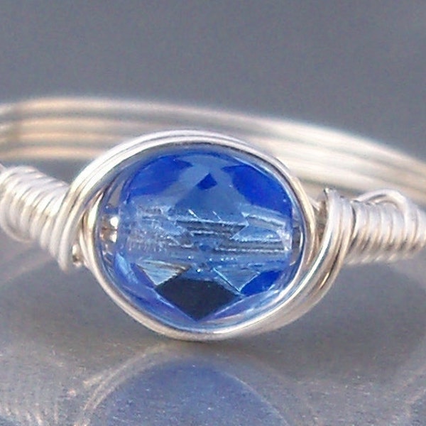 Periwinkle Blue Czech Glass .999 Fine Silver Or 14k Gold Filled Wire Wrapped Ring