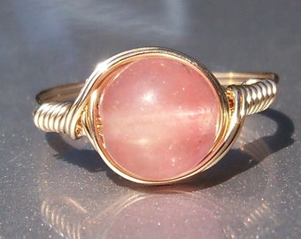 Lg Cherry Quartz Glass 14k Yellow Gold Fill Wire Wrapped Ring