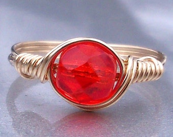 Tangerine Orange Czech Glass 14k Yellow Gold Filled Wire Wrapped Ring