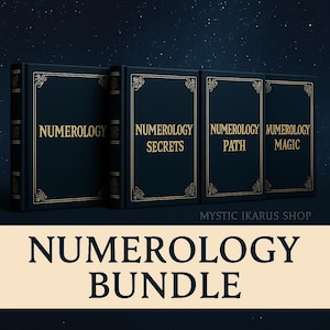 May include: A set of four navy blue books with gold lettering and ornate frames. The titles are: Numerology, Numerology Secrets, Numerology Path, and Numerology Magic. The words "Numerology Bundle" are displayed below.