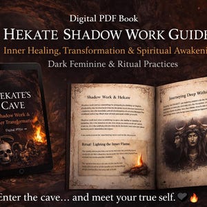 May include: Digital PDF book titled "Hekate Shadow Work Guide" with text about inner healing and spiritual awakening. The image shows an open book and a tablet displaying the book's cover, with a skull graphic. Flames and a dark, textured background complete the scene.