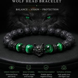 Pode incluir: Uma pulseira com contas de lava preta porosa e pedras de olho de tigre verdes lisas, centrada com um pingente de cabeça de lobo em metal preto. O texto diz: NATURAL GREEN TIGER'S EYE STONE WOLF HEAD BRACELET, BALANCE, VISION, PROTECTION.
