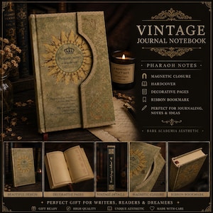 Puede incluir: Cuaderno de diario vintage con diseño de girasol y texto "Pharaoh notes". Incluye cierre magnético, tapa dura, páginas decorativas y cinta de marcador. Estética dark academia.