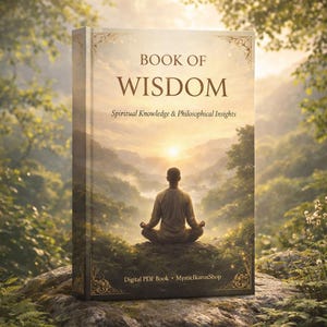 Peut inclure: Un livre intitulé "Book of Wisdom" avec le sous-titre "Spiritual Knowledge & Philosophical Insights". La couverture présente une personne méditant dans un paysage de montagne au coucher du soleil. Le livre est un PDF numérique.