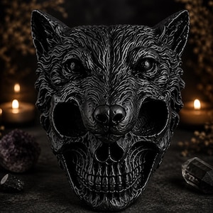Op de afbeelding: Een zwarte wolf schedel sculptuur met gedetailleerde vacht en schedel kenmerken. De sculptuur heeft een donkere, gotische esthetiek, met zichtbare tanden en oogkassen. De wolf schedel is een decoratief item.