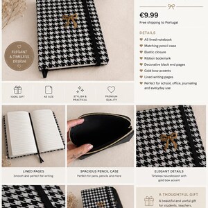 May include: A stationery set featuring an A5 lined notebook with a black and white houndstooth cover, a gold bow accent, an elastic closure, and a ribbon bookmark, accompanied by a matching black pencil case with a gold bow zipper pull.