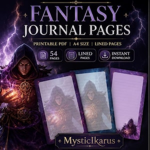 May include: A digital fantasy journal page design with a wizard illustration. The image features the text "FANTASY JOURNAL PAGES" and "PRINTABLE PDF | A4 SIZE | LINED PAGES". The journal pages are lined and ready for writing.