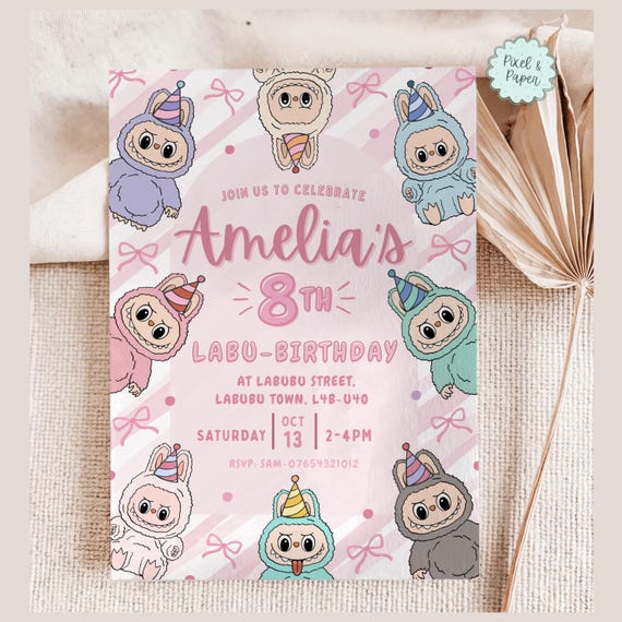 Labubu Party Invite, Editable Birthday Invitation, Labubu Monsters Themed Party Decor, Girl’s Pink Pastel Bow Template, Digital Download