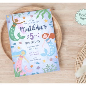 Invitación de cumpleaños de sirena bajo el mar, editable, imprimible, digital, descarga instantánea, plantilla Canva de invitación de sirena mágica pastel.