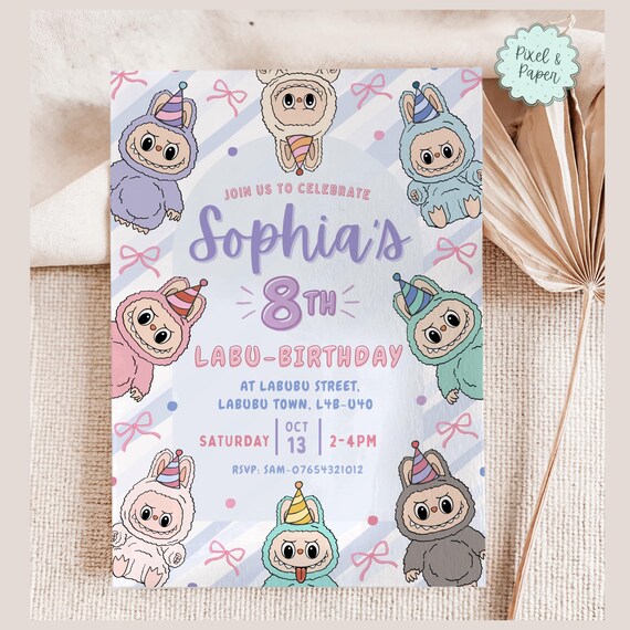 Labubu Party Invite, Editable Birthday Invitation, Labubu Monsters Themed Party Decor, Girl’s Pastel Bow Template, Instant Digital Download