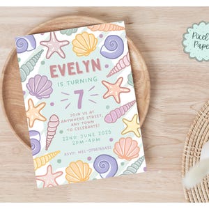 Strand Muscheln Sommerparty einladen, Mädchen Jungen Pastell Farbe Geburtstagseinladung, bearbeitbar druckbar sofort verwenden Download, Canva Vorlage013
