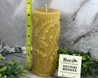 Fern Leaf Pillar Candle – 6" Tall - 100% Pure USA Beeswax