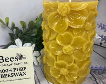100% Beeswax Flower Pillar Candle – 4" Tall - Floral Pattern
