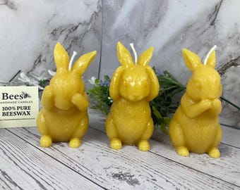 Set of 3 - 100% Pure Beeswax Rabbit Candles - 4" Tall