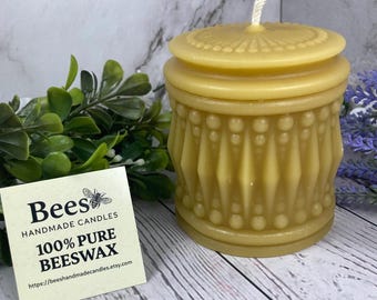 Crystal Decorative Beeswax Pillar Candle – 3.25"x4" - Long Burning, Golden Tone