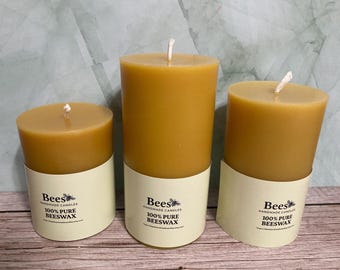 Handmade Beeswax Pillar Candle – Long Burning, Golden Tone