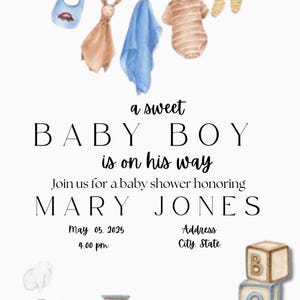 A Sweet Baby Boy Is on His Way - Baby Shower Invitation with Train and Clothesline Theme