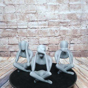 See Hear Speak No Evil 3D Printed Figurine Set - Abstract Decor Sculpture 4&quot; Gray
