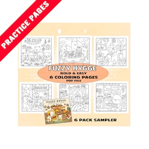 Fuzzy Hygge, Cute and Cozy Coloring Book Pages 6 Pack Sampler for Adults & Teens Featuring Adorable Animals for Stress Relief, PDF DOWNLOAD